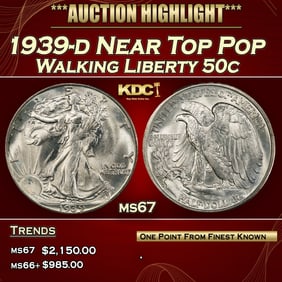 1939-d Walking Liberty Half Dollar Near Top Pop 50c ms67 SEGS