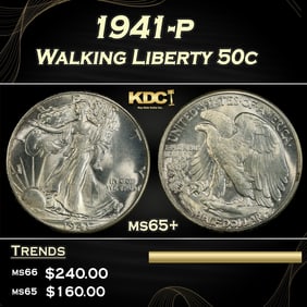 1941-p Walking Liberty Half Dollar 50c Grades ms65+