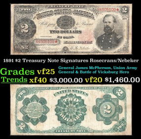 1891 $2 Treasury Note Grades vf+ Signatures Rosecrans/Nebeker