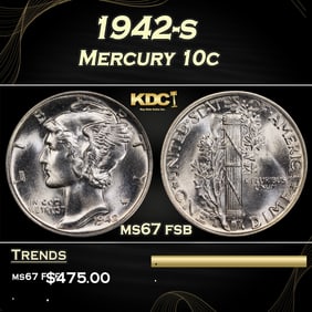 1942-s Mercury Dime 10c ms67 fsb SEGS