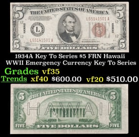 1934A $5 FRN Hawaii WWII Emergency Currency Key To Series Key To Series Grades vf++