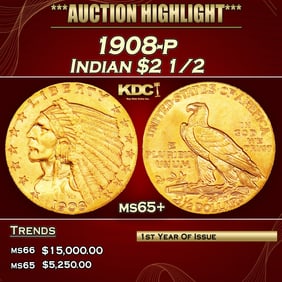 1908-p Gold Indian Quarter Eagle $2 1/2 ms65+ SEGS