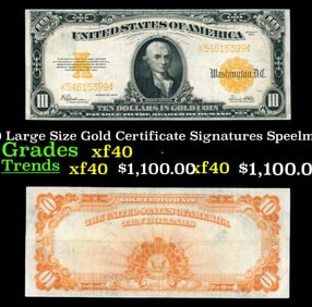 1922 $10 Large Size Gold Certificate Grades xf Signatures Speelman/White