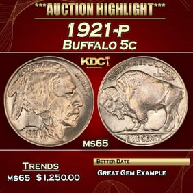 1921-p Buffalo Nickel 5c ms65 SEGS