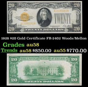 1928 $20 Gold Certificate FR-2402 Woods/Mellon Grades Choice AU/BU Slider