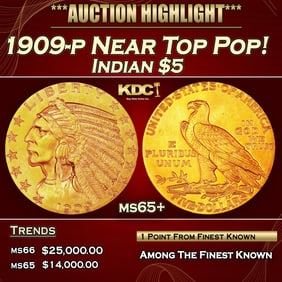 1909-p Gold Indian Half Eagle Near Top Pop! $5 ms65+ USCG