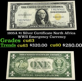 1935A $1 Silver Certificate North Africa WWII Emergency Currency Grades Select CU