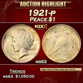 1921-p Peace Dollar $1 ms63 USCG