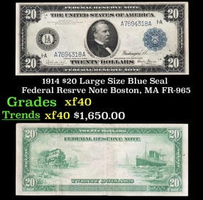 1914 $20 Large Size Blue Seal Federal Resrve Note Boston, MA Grades xf FR-965
