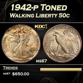 1942-p Walking Liberty Half Dollar Toned 50c ms67 SEGS