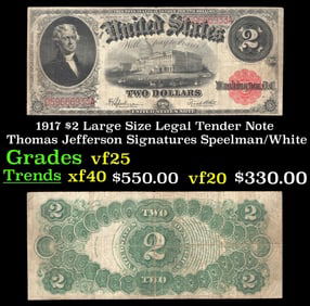 1917 $2 Large Size Legal Tender Note Thomas Jefferson Grades vf+ Signatures Speelman/White