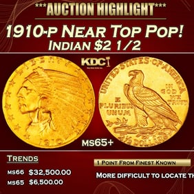 1910-p Gold Indian Quarter Eagle Near Top Pop! $2 1/2 ms65+ SEGS