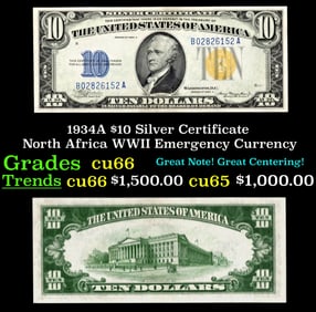 1934A $10 Silver Certificate North Africa WWII Emergency Currency Grades Gem+ CU