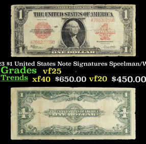 1923 $1 United States Note Grades vf+ Signatures Speelman/White