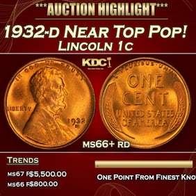 1932-d Lincoln Cent Near Top Pop! 1c ms66+ rd SEGS