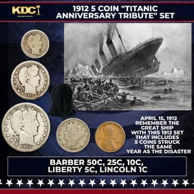 1912 5 Coin "Titanic Anniversary Tribute" Set Barber 50c, 25c, 10c, Liberty 5c, Lincoln 1c