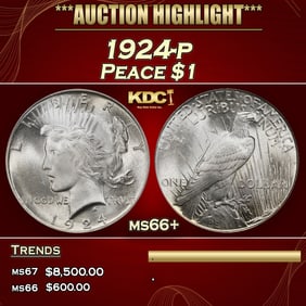 1924-p Peace Dollar $1 ms66+ SEGS