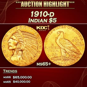 1910-d Gold Indian Half Eagle $5 ms65+ USCG