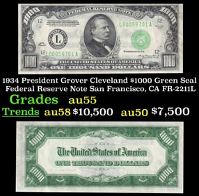 1934 $1000 Green Seal Federal Reserve Note President Grover Cleveland San Francisco, CA Grades