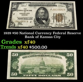 1929 $50 National Currency Federal Reserve Bank of Kansas City Grades xf