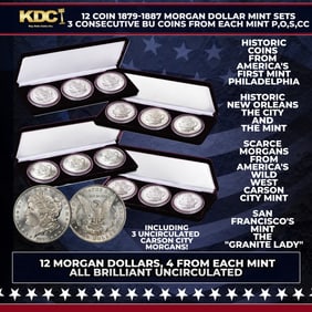 12 Coin 1879-1887 Morgan Dollar Mint Sets 3 Consecutive BU Coins From Each Mint P,O,S,CC
