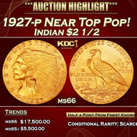 1927-p Gold Indian Quarter Eagle Near Top Pop! $2 1/2 ms66 USCG