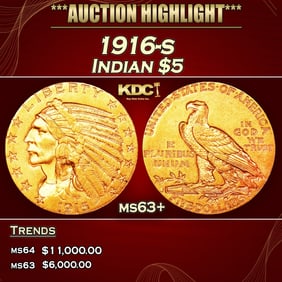 1916-s Gold Indian Half Eagle $5 ms63+ USCG