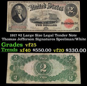 1917 $2 Large Size Legal Tender Note Thomas Jefferson Grades vf+ Signatures Speelman/White