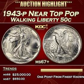 1943-p Walking Liberty Half Dollar Near Top Pop 50c ms67+ SEGS