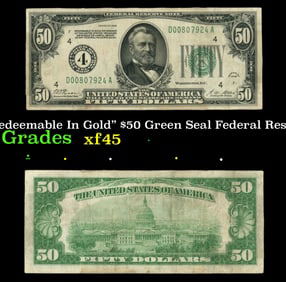 1928 $50 Green Seal Federal Reserve Note "Redeemable In Gold" Grades xf+