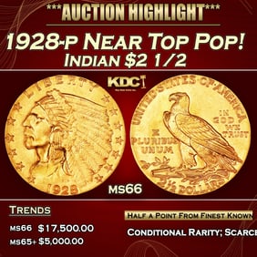 1928-p Gold Indian Quarter Eagle Near Top Pop! $2 1/2 ms66 USCG