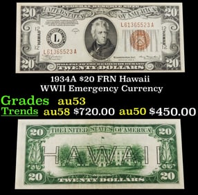 1934A $20 FRN Hawaii WWII Emergency Currency Grades Select AU
