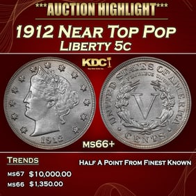 1912 Liberty Nickel Near Top Pop 5c ms66+ SEGS