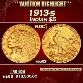 1913-s Gold Indian Half Eagle $5 ms63 USCG