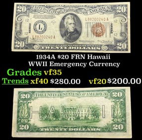 1934A $20 FRN Hawaii WWII Emergency Currency Grades vf++