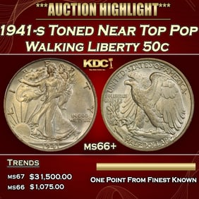 1941-s Walking Liberty Half Dollar Toned Near Top Pop 50c ms66+ SEGS