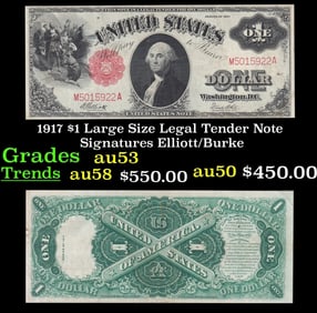 1917 $1 Large Size Legal Tender Note Grades Select AU Signatures Elliott/Burke