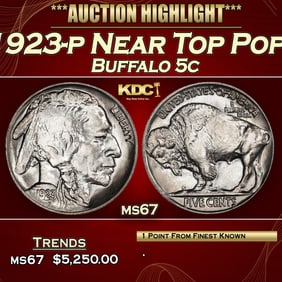 1923-p Buffalo Nickel Near Top Pop! 5c ms67 SEGS