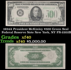 1934A $500 Green Seal Federal Reserve Note President McKinley New York, NY Grades xf FR-2202B