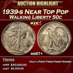 1939-s Walking Liberty Half Dollar Near Top Pop 50c ms67+ SEGS