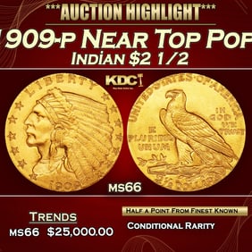 1909-p Gold Indian Quarter Eagle Near Top Pop! $2 1/2 ms66 USCG