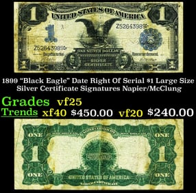 1899 $1 large size Silver Certificate "Black Eagle" Date Right Of Serial Grades vf+ Signatures
