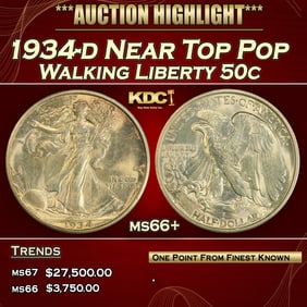 1934-d Walking Liberty Half Dollar Near Top Pop 50c ms66+ SEGS