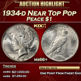 1934-d Peace Dollar Near Top Pop $1 ms66+ SEGS