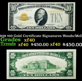 1928 $10 Gold Certificate Signatures Woods/Mellon Grades xf