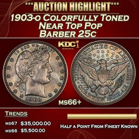 1903-o Barber Quarter Colorfully Toned Near Top Pop 25c ms66+ SEGS