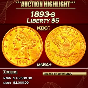 1893-s Gold Liberty Half Eagle $5 ms64+ SEGS