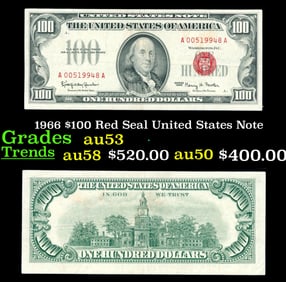 1966 $100 Red Seal United States Note Grades Select AU