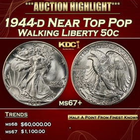 1944-d Walking Liberty Half Dollar Near Top Pop 50c ms67+ SEGS