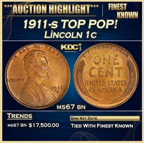 1911-s Lincoln Cent TOP POP! 1c ms67 bn SEGS